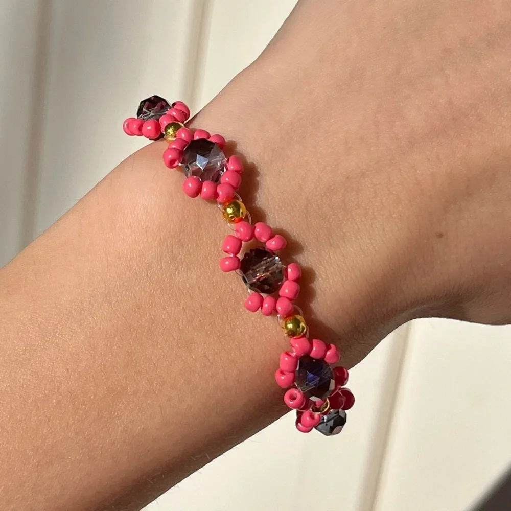 5 for $25 Handmade beaded pink & navy hourglass lobster claw clasp bracelet